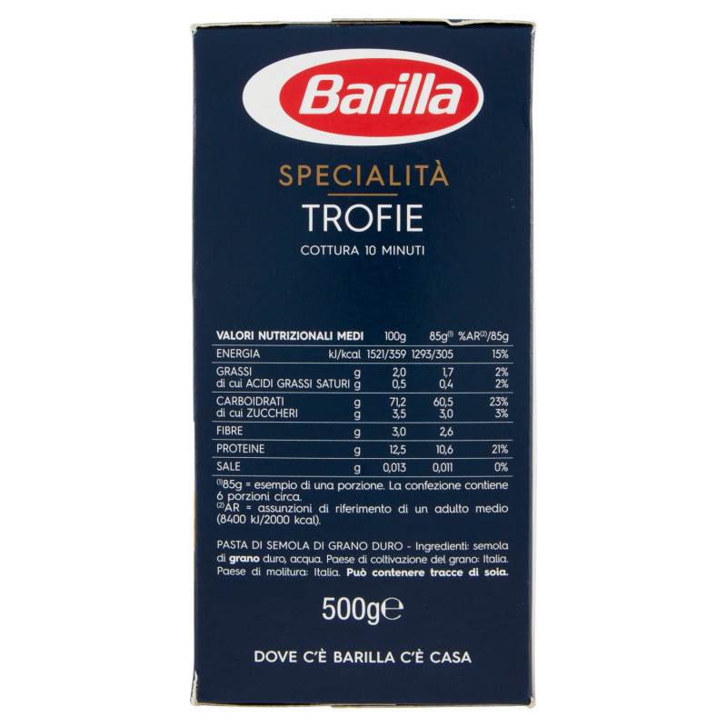 ESPECIALIDADES DE PASTA BARILLA TROFIE TRIGO 100% ITALIANA 500G