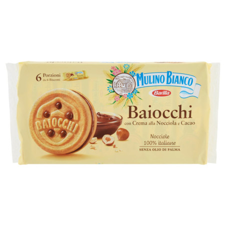 MULINO BIANCO BAIOCCHI BISCUITS SNACKS STUFFED WITH HAZELNUT AND COCOA CREAM 336G