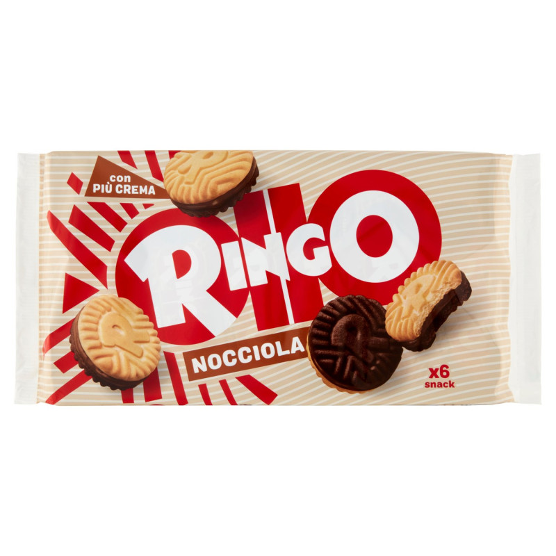 RINGO NOCCIOLA, BISCOTTI FARCITI CON CREMA NOCCIOLA E CIOCCOLATO, SNACK MERENDA 6 PORZIONI 330G