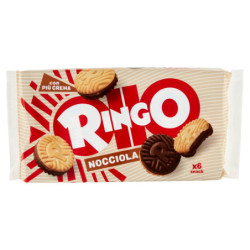 RINGO NOCCIOLA, BISCOTTI FARCITI CON CREMA NOCCIOLA E CIOCCOLATO, SNACK MERENDA 6 PORZIONI 330G