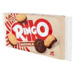 RINGO HAZELNUT, BISCUITS STUFFED WITH HAZELNUT CREAM AND CHOCOLATE, SNACK SNACK 6 PORTIONS 330G