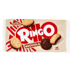 RINGO NOCCIOLA, BISCOTTI FARCITI CON CREMA NOCCIOLA E CIOCCOLATO, SNACK MERENDA 6 PORZIONI 330G