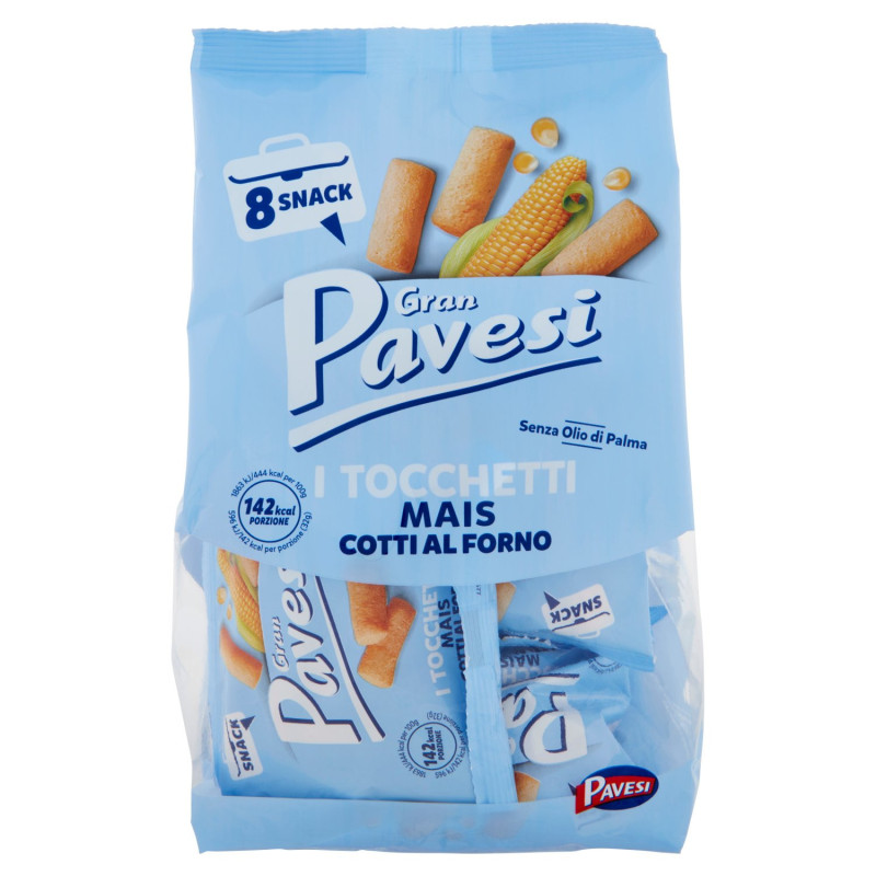 Gran Pavesi Snack Tocchetti, Snack al Mais Cotti al Forno, Senza Olio di Palma, 8 Pacchetti 256g