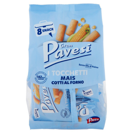 GRAN PAVESI SNACK TOCCHETTI, IM OFEN GEKOCHTE MAIS-SNACKS, OHNE PALMÖL, 8 PAKETE à 256 g