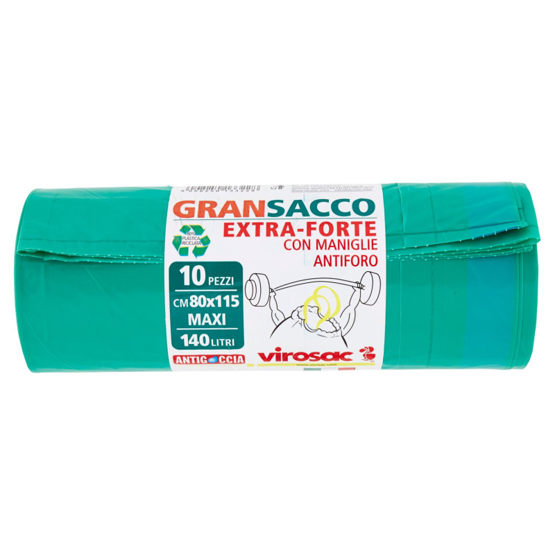 VIROSAC EXTRA-STRONG LARGE BAG WITH PUNCTURE-PROOF HANDLES CM 80X115 MAXI 140 LITERS 10 PCS