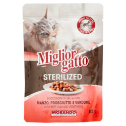 MIGLIORGATTO BOCADOS ESTERILIZADOS EN SALSA CON CARNE, JAMÓN Y VERDURAS 85 G