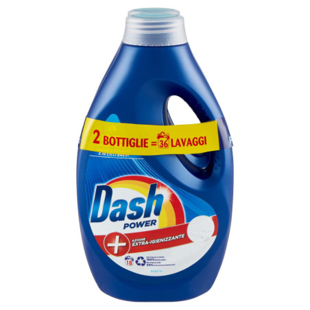 DETERGENTE LÍQUIDO PARA LAVADORA DASH POWER, ACCIÓN EXTRA HIgienizante, 2X18 LAVADOS: 36 LAVADOS 2X900ML