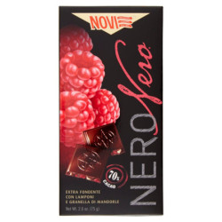 NOVI NERO BLACK WITH RASPBERRIES AND ALMOND GRAINS 70% COCOA 75G