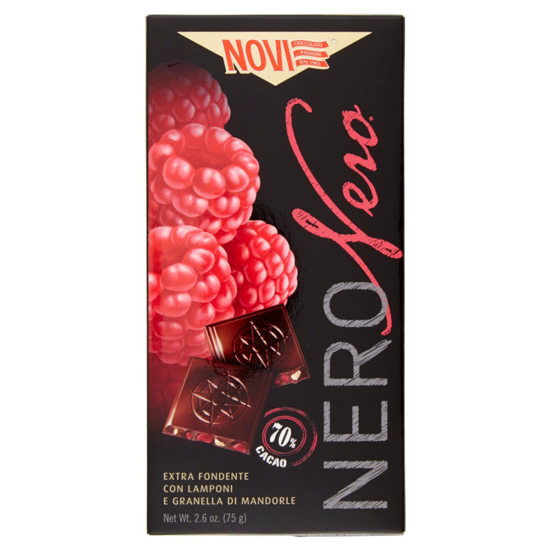 NOVI NERO BLACK WITH RASPBERRIES AND ALMOND GRAINS 70% COCOA 75G