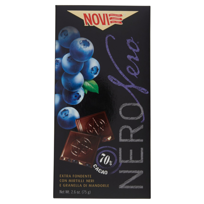 NOVI NERO BLACK WITH BLUEBERRIES AND ALMOND GRAINS 70% COCOA 75G