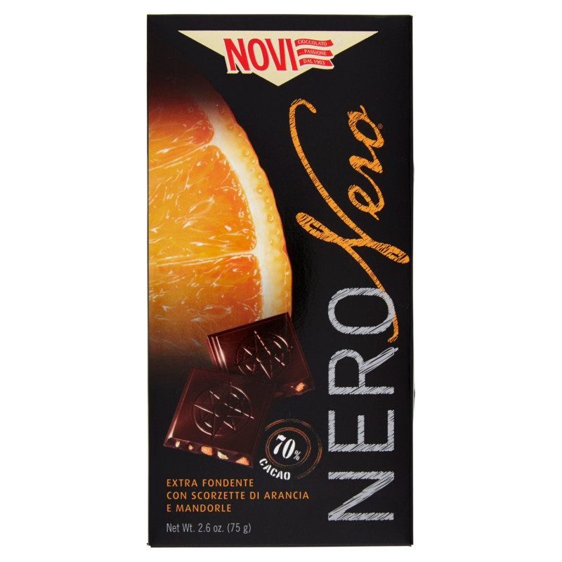 NOVI NERO BLACK WITH ORANGE AND ALMOND GRAINS 70% COCOA 75G