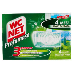 WC NET - TAVOLETTA PROFUMOSO 3 EFFECT, DETERGENTE IGIENIZZANTE SOLIDO WC, MOUNTAIN FRESH, 4 PEZZI