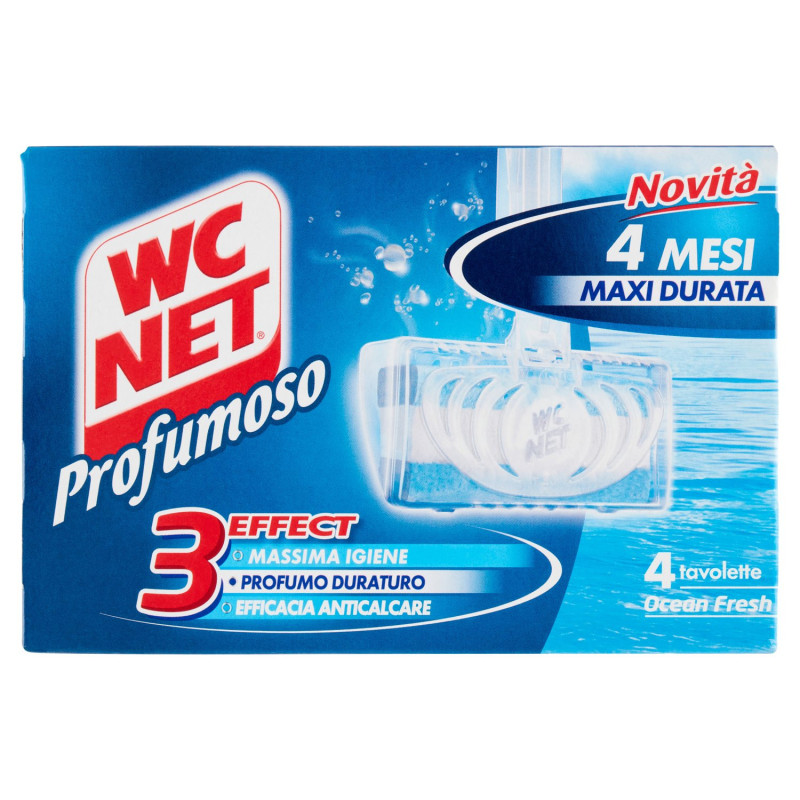 WC NET - TABLETA AROMÁTICA DE 3 EFECTOS, LIMPIADOR DE WC SÓLIDO DESINFECTANTE, OCEAN FRESH, 4 PIEZAS