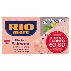 RIO MARE FILETTO DI SALMONE ALL'OLIO DI OLIVA GUSTO AFFUMICATO CON GRANI DI PEPE AL VAPORE 125 G