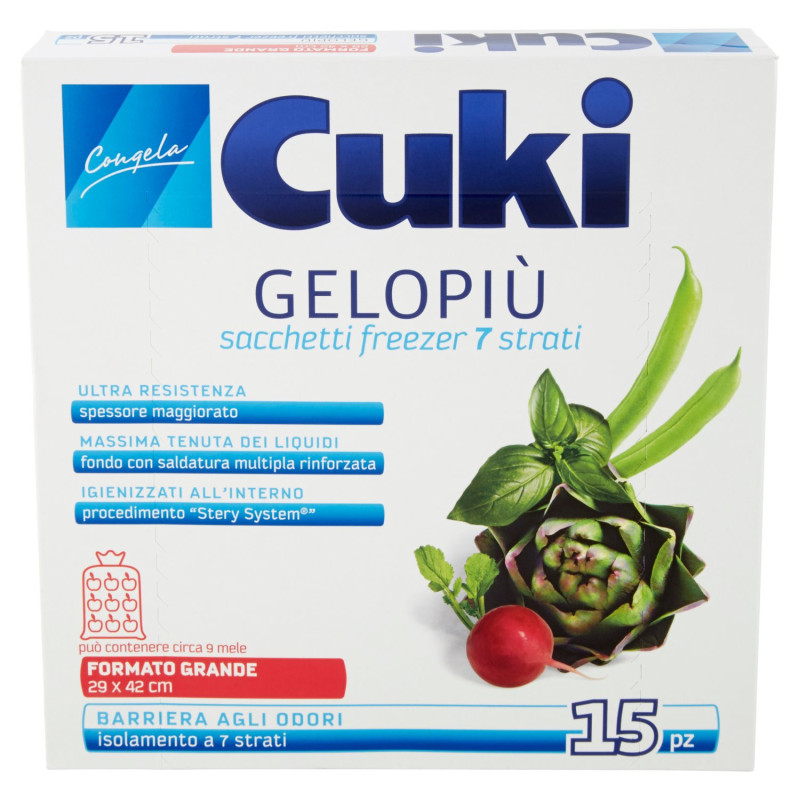 CUKI FREEZES GELOPIÙ BOLSAS PARA CONGELADOR 7 CAPAS TAMAÑO GRANDE 29 X 42 CM 15 UNIDADES