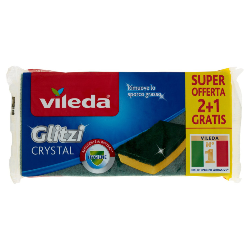 VILEDA GLITZI CRYSTAL - SPUGNA ABRASIVA DA CUCINA CON TRATTAMENTO ANTIBATTERICO SULLA FIBRA, 3X