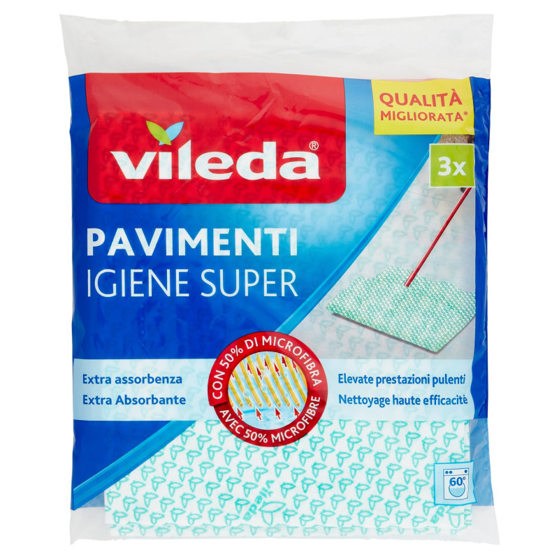 VILEDA HYGIENE SUPER - CLOTHS TO CLEAN ALL TYPES OF FLOORS, WITH 50% MICROFIBER, 3X 45X50 CM