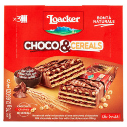 LOACKER CHOCO & CEREALS BARRETTA DI WAFER E CIOCCOLATO AL LATTE CON CREMA AL CIOCCOLATO 3 X 25 G