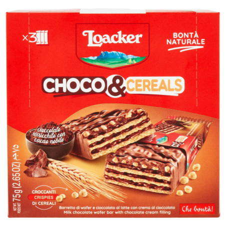 LOACKER CHOCO & CEREALS BARRETTA DI WAFER E CIOCCOLATO AL LATTE CON CREMA AL CIOCCOLATO 3 X 25 G