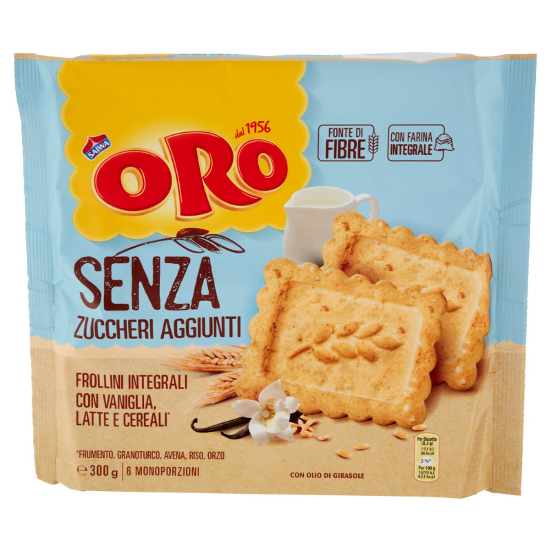 ORO SAIWA GALLETAS ENTERAS CON VAINILLA, LECHE Y CEREALES SIN AZÚCAR AÑADIDA - 300 G