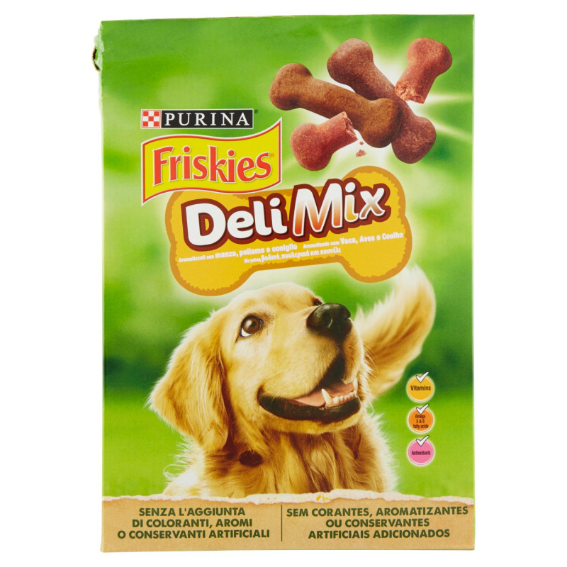 PURINA FRISKIES DELI MIX BISCOTTI CROCCANTI CANE 3 VARIETÀ MANZO, POLLO E SELVAGGINA SCATOLA 500G