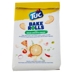 TUC BAKE ROLLS, CHIPS DE PAN DELGADOS Y CRUJIENTES CON CREMA AGRIA Y SABOR A CEBOLLA 150 G