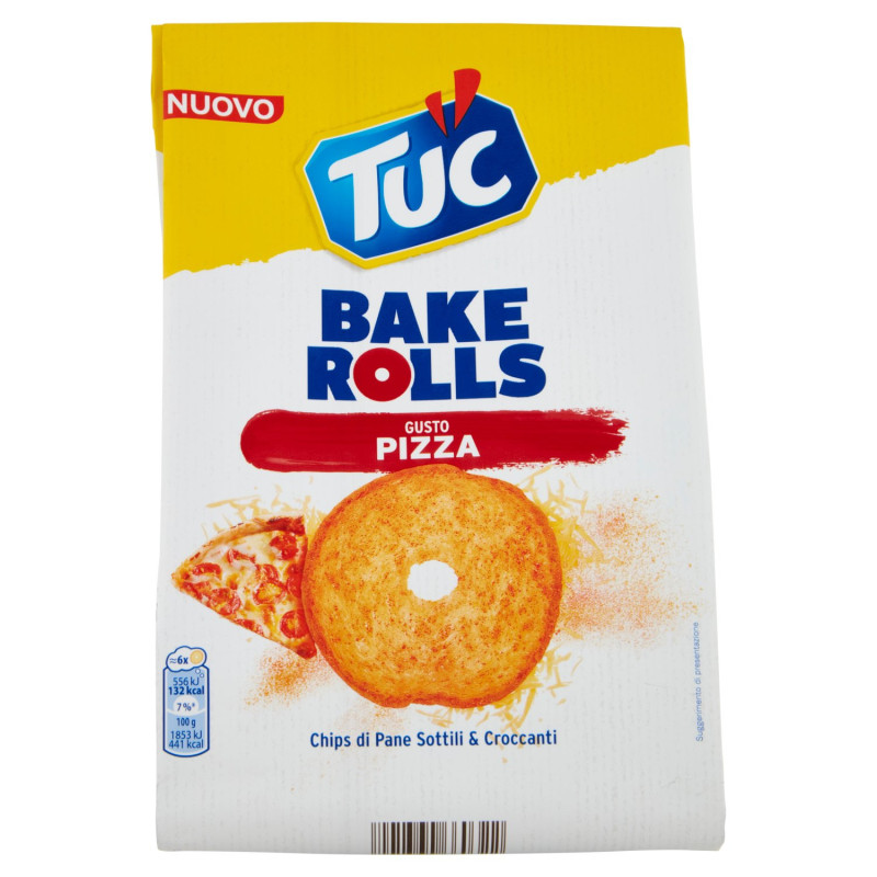 TUC BAKE ROLLS, DÜNNE UND KNUSPRIGE BROTCHIPS MIT PIZZA-GESCHMACK 150 G