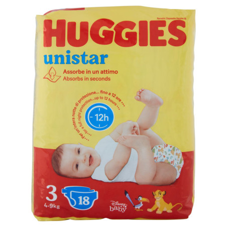 HUGGIES PAÑALES UNISTAR 3 4-9 KG 18 UNIDADES