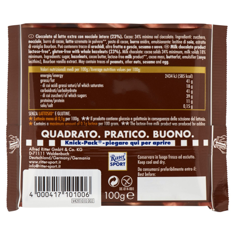 RITTER SPORT AVELLANA ENTERA SIN LACTOSA* 100 G