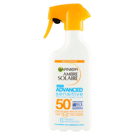 GARNIER AMBRE SOLAIRE SPRAY ADVANCED SENSITIVE, GACHETTE 50+ PER PELLI CHIARE E SENSIBILI, 300 ML