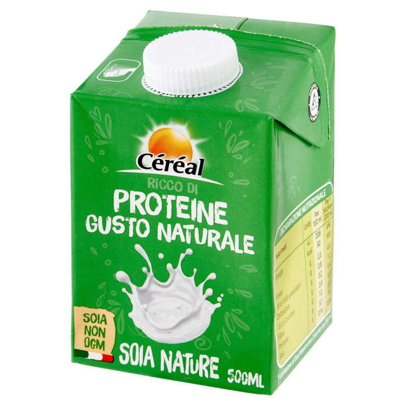 Céréal, Bevanda di Soia Nature non OGM, ricco di proteine, 2% di grassi, senza glutine - 500 ML